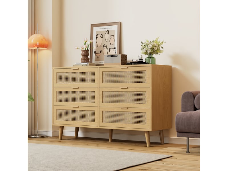  Commode à 6 tiroirs style rétro – 120 x 76,5 x 40 cm – poignées métal et pieds en bois  - Conforama B
