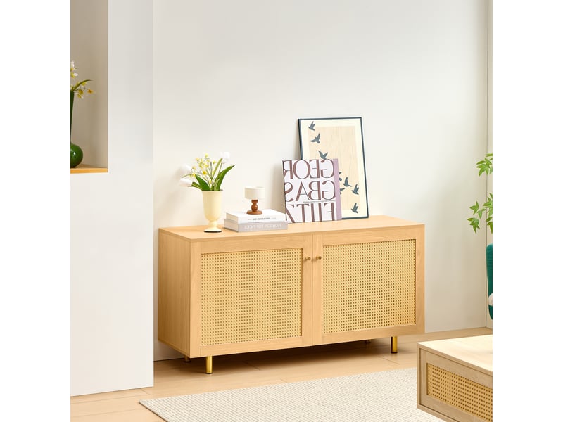  Buffet de rangement avec 2 portes en rotin et étagère intérieure, en mdf, naturel, 120 × 40 × 63 cm - uvrion  - Conforama D