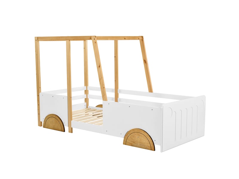  Lit voiture, lit enfant avec roulettes en mdf, cadre en pin, blanc + naturel (90x200cm)  - Conforama A