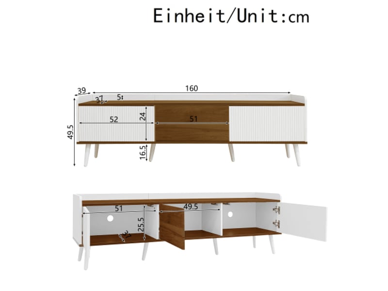  Meuble de tv 160cm, trois portes, support et table tv compact, finition blanc et bois naturel, hauteur 49,5 cm  - Conforama C