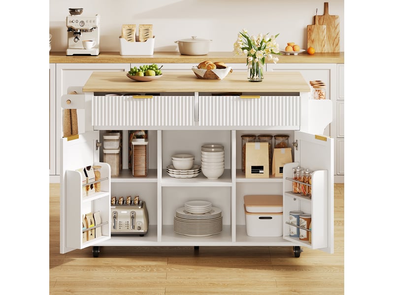  Desserte de cuisine à roulettes avec 2 tiroirs, 2 portes, plan rabattable et étagères à épices, blanc naturel  - Conforama B