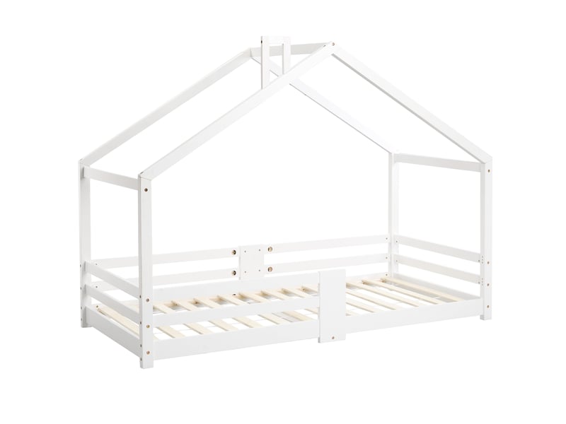  Lit cabane enfant 90 x 200 cm en pin massif avec barrières anti-chute et sommier 15 lattes, blanc WF197915AAW - Conforama A