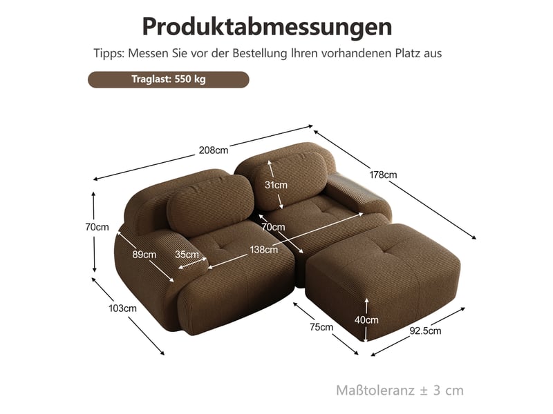 Canapé d'angle modulaire modenvie 2 places sans cadre en velours côtelé marron 208 x 178 x 70 cm  - Conforama C