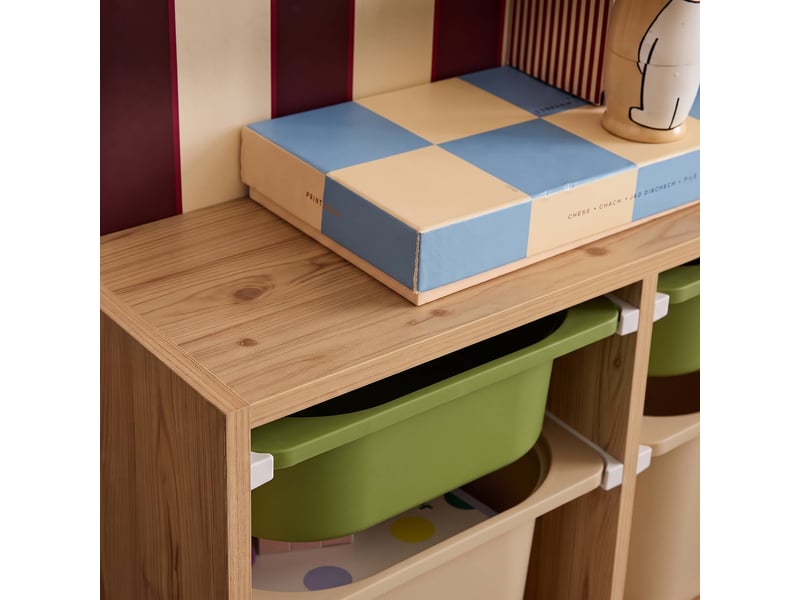  Meuble de rangement pour enfant décor bois 6 bacs vert olive et beige - sora  - Conforama E