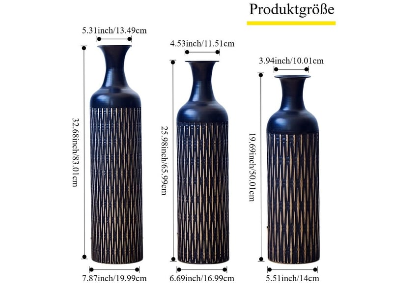  Vases de sol, lot de 3 en métal 506683 cm – noir – décor rainuré pour fleurs séchées et pampas  - Conforama C