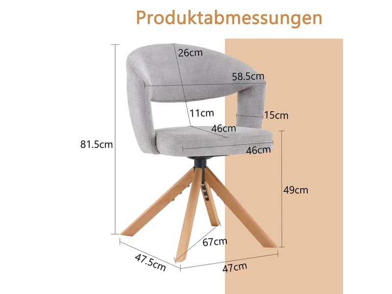  Lot de 2 chaises salle à manger,47x47,5x81,5 cm,pivotantes 360°,tissu,gris  - Conforama C