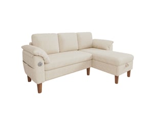 Canapé d'angle réversible 3 places avec coffre, tissu chenille beige, ports usbtype-c