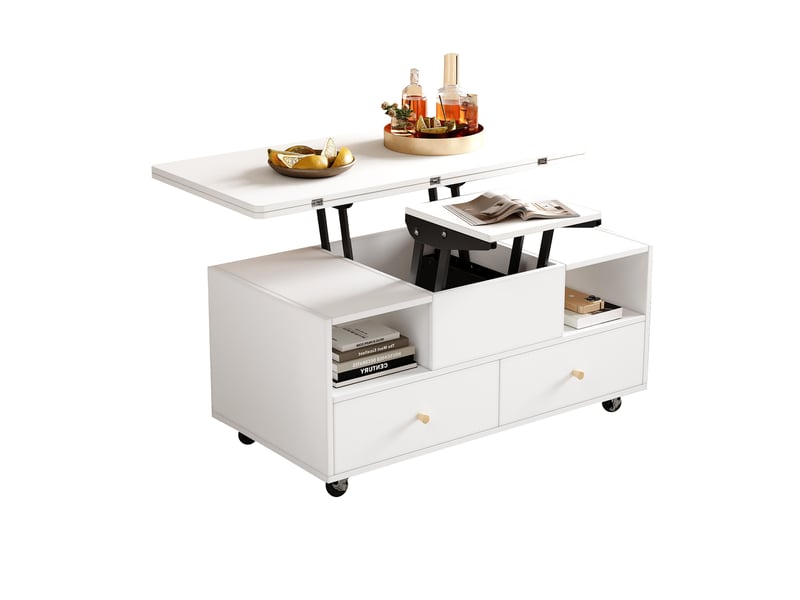  Table basse relevable 100x50x47,5 cm avec plateau rabattable, 4 tiroirs et système hydraulique, mdf, blanc  - Conforama A