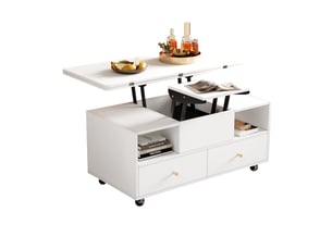 Table basse relevable 100x50x47,5 cm avec plateau rabattable, 4 tiroirs et système hydraulique, mdf, blanc