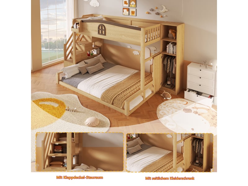 Lit superposé en bois 90x200 et 140x200 cm avec escalier de rangement, armoire intégrée, bois evarich - Conforama D