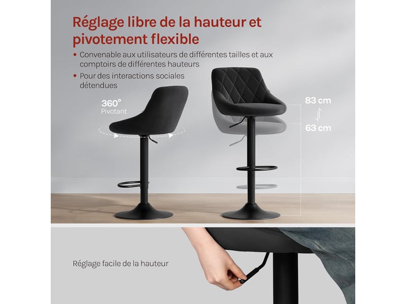 2x Tabourets de bar. Siège bien rembourré en velours. Chaises de bar. Hauteur réglable. Noir  - Conforama W