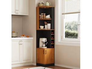 Meuble d’angle bar à vin 40x40x182 cm haut, mdf noir, avec support à verres, rangements et placard