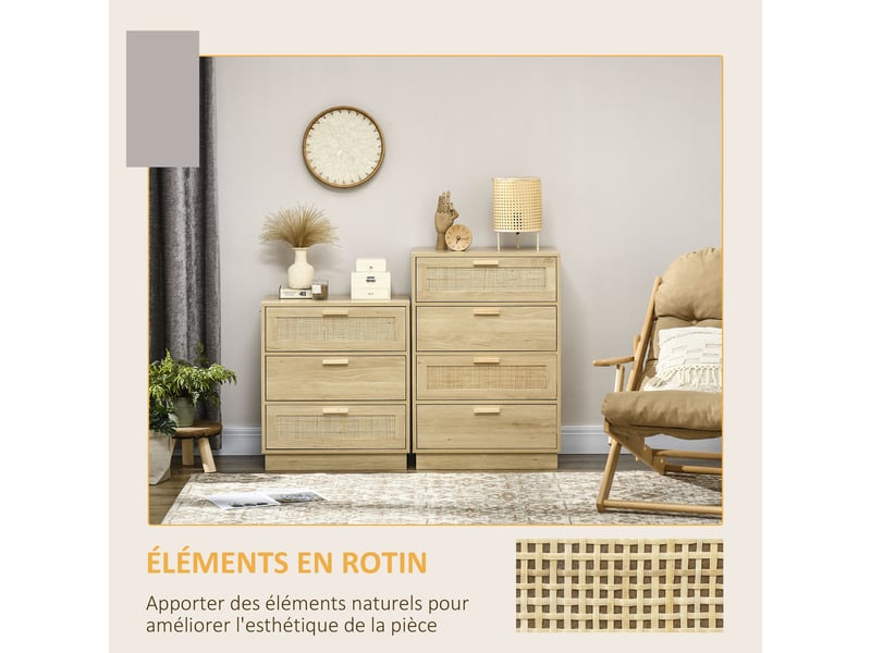  Commode design bohème en rotin avec 3 tiroirs, meuble de rangement pour le salon, le couloir, bois naturel, l'entrée  - Conforama E