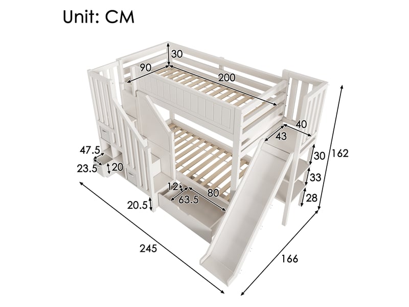  Lit superposé enfant 90x200 - lit enfant bois avec toboggan - escalier rangement - tiroirs - étagère ouverte - 2 couchages - blanc  - Conforama E