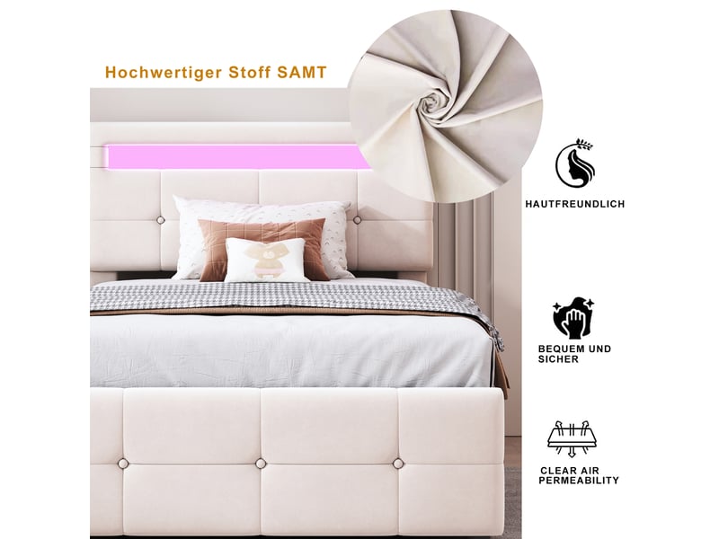  Lit simple rembourré 90 x 200 cm, éclairage led, coffre hydraulique, tête ajustable, beige  - Conforama E