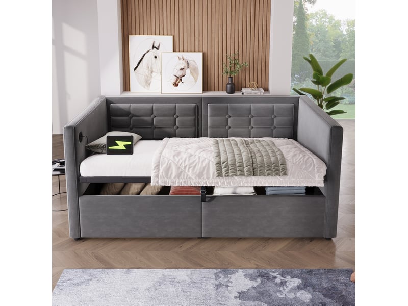  Lit banquette 90x200 cm en velours gris avec rangement hydraulique et usb  - Conforama D