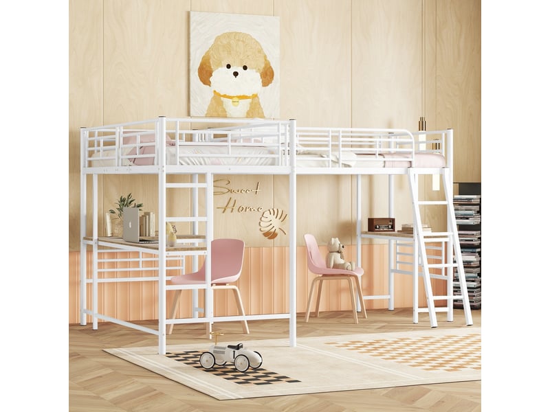  Lit mezzanine 90×200 cm avec double escalier et table sous le lit, lit enfant avec garde-corps haut, deux lits superposés, blanc  - Conforama E