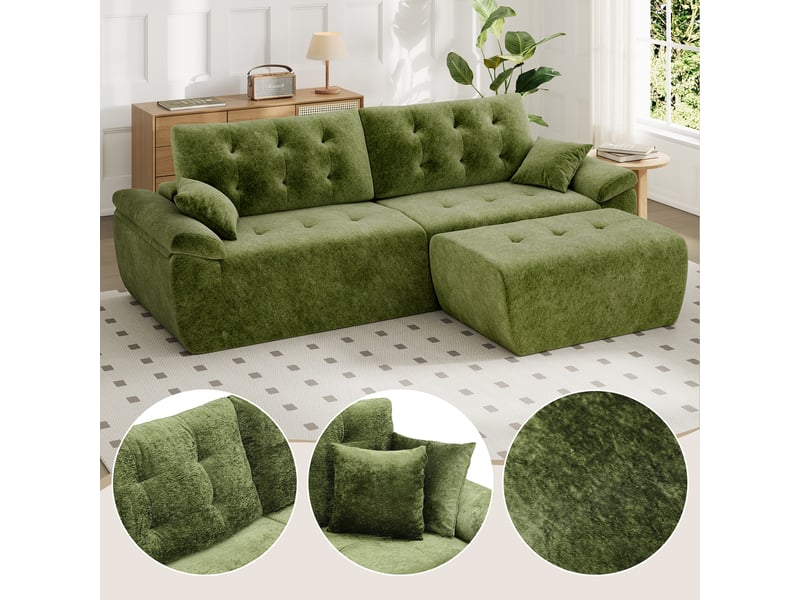  Canapé modulable en chenille vert mousse haute densité avec pouf,canapé salon 275cm style nuage confortable,compressé sans montage 275x174x66CM - Conforama R