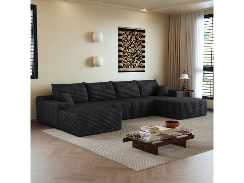 Canapé d'angle noir 340 cm en l - modulaire, chaise-longue, siège profond, sans montage, compressé, séjour et chambre - Conforama E