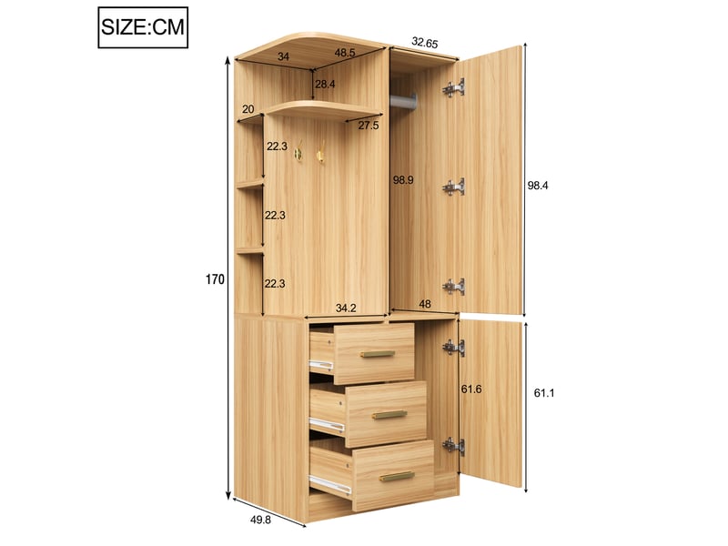  Armoire modenvie de rangement 70 x 50 x 170 cm en bois couleur bois naturel avec étagères, tiroirs et penderie  - Conforama C