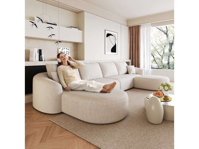 Canapé d'angle en u blanc 336 cm, canapé modulable mousse compressée sans armature, sans montage pour salon - Conforama E