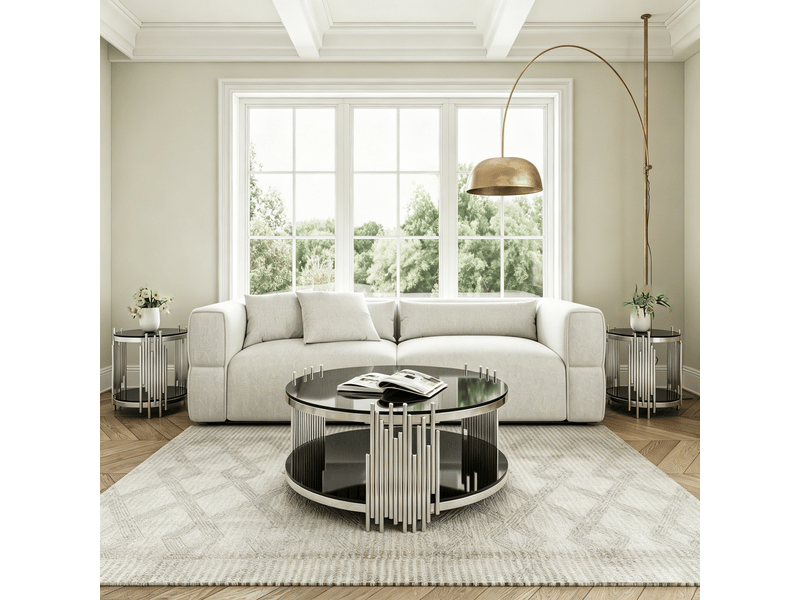  Table basse plateau en verre noir double plateau en verre base en acier argenté forme ronde moderne  - Conforama B