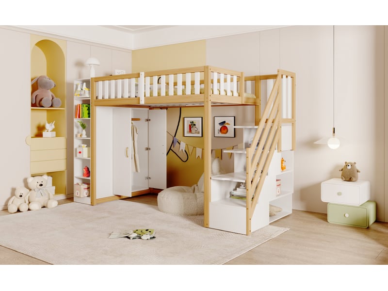 Lit mezzanine 90x200 cm blanc avec penderie et rangements intégrés, échelle sécurisée - Conforama B