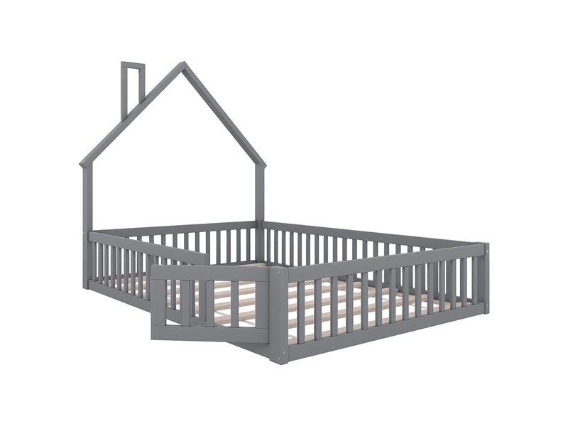  Lit cabane enfant 140 x 200 cm - lit avec sommier à lattes - bois massif - garde-corps sécurité - design cheminée - gris  - Conforama D