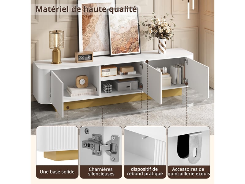 Meuble tv 170x40,5x47 cm, portes de rangement, façades texturées, coins arrondis, passe-câbles pour salon et séjour - blanc  - Conforama E