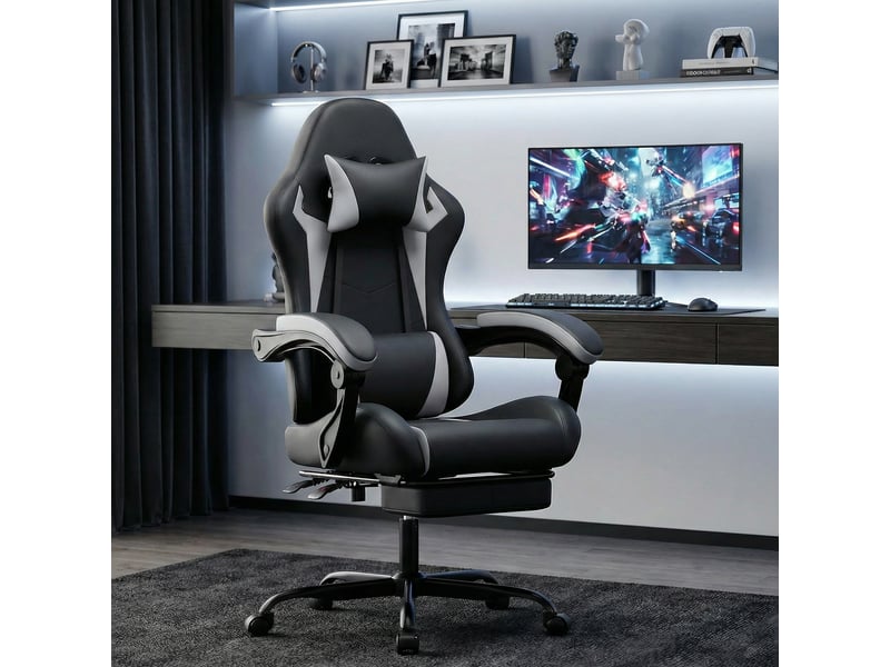  Chaise gaming ergonomique noir et blanc, réglable en hauteur avec appui-tête et coussin lombaire, fauteuil PC confortable  - Conforama B