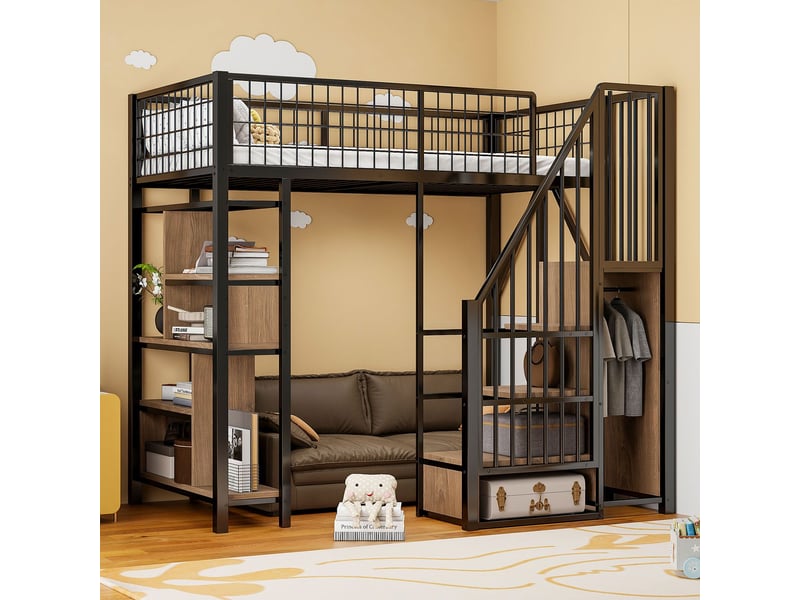  Lit mezzanine 90x200cm avec rangements, escalier sécurisé - lit simple - étagères - barrière de sécurité - noir  - Conforama B