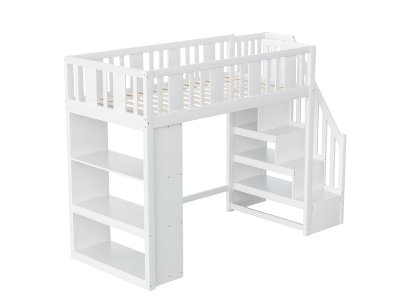  Lit mezzanine avec escalier-rangement, bois blanc, 90x200 cm, grands compartiments intégrés  - Conforama E