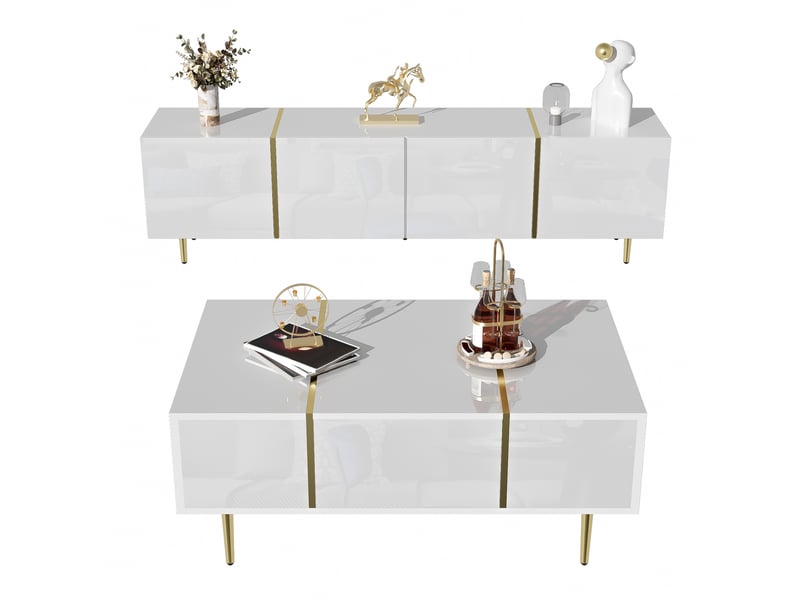  Meuble tv et table basse en mdf blanc laqué avec portes à fermeture douce  - Conforama W