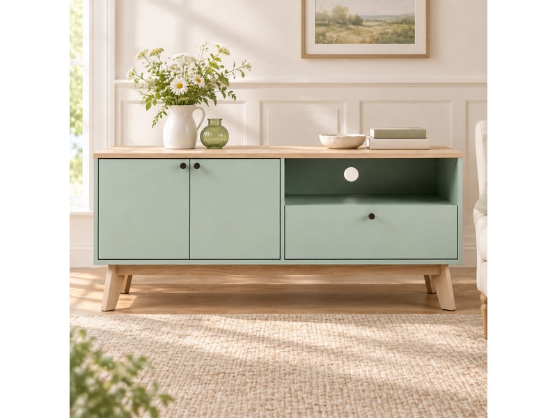  Meuble tv 120 x 35 x 50 cm, vert clair et chêne, 2 portes, 1 tiroir et 1 niche  - Conforama C