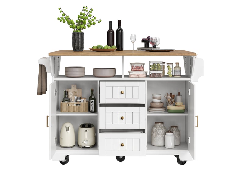  Îlot de cuisine 142,5x40(80)x95 cm, 3 tiroirs, 2 portes, plateau pliable, pour cuisine, en mdf et métal, bois et blanc  - Conforama A