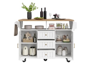 Îlot de cuisine 142,5x40(80)x95 cm, 3 tiroirs, 2 portes, plateau pliable, pour cuisine, en mdf et métal, bois et blanc