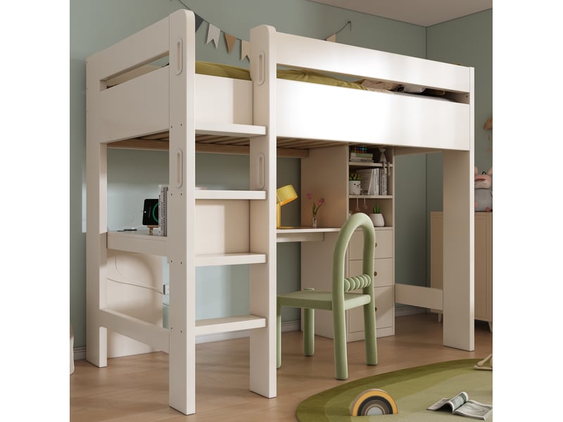 Lit mezzanine enfant 90x200 cm avec bureau en l, rangements et usb, blanc - Conforama B