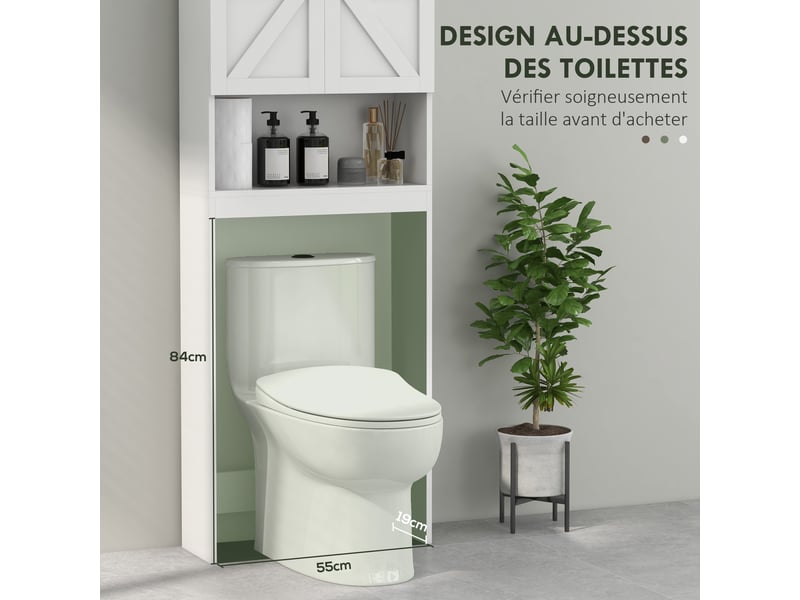  Armoire de rangement dessus des toilettes, meuble de salle de bain placard 2 portes étagère blanc 58,5l x 23l x 170h cm  - Conforama E