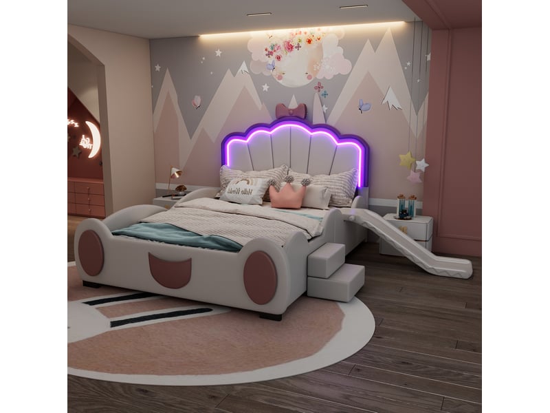  Lit enfant 140x200 cm avec toboggan, échelle et led, rose et blanc, motif papillon  - Conforama E