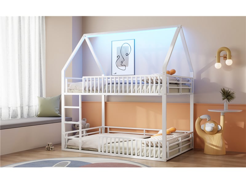  Lit superposé enfant 140x200 maison avec barrière et led blanc métal 24 lattes 150 kg Sol Morn - Conforama E