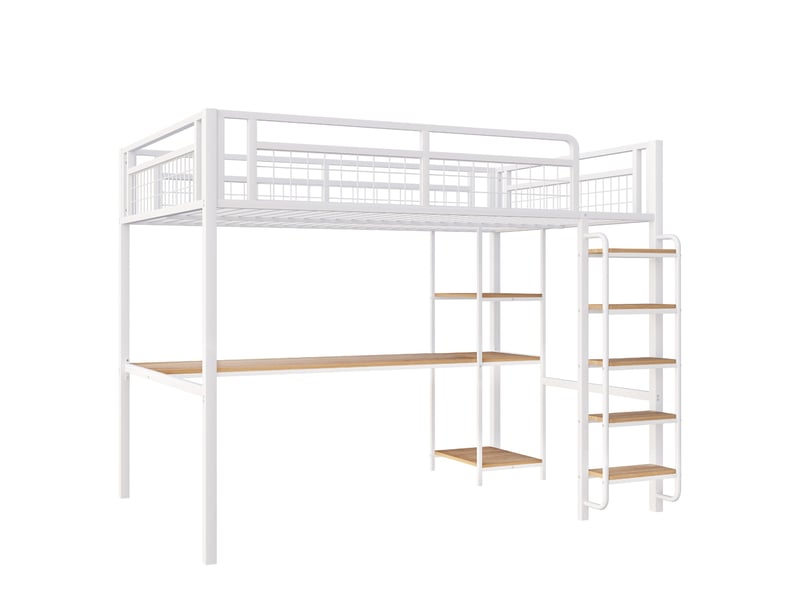  Lit mezzanine 140 x 200 cm avec bureau, étagères et échelle, métal, blanc Fay Lum - Conforama A