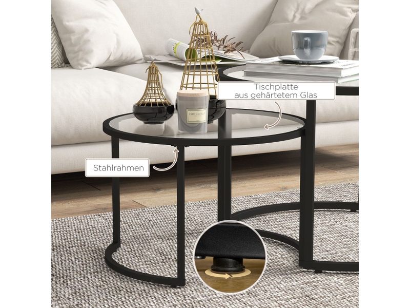  Table basse salon, plateau verre trempé table basse, piètement métal, support poids élevé, tables empilables, pieds anti-rayures  - Conforama D