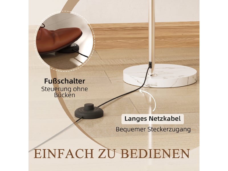  Lampadaire, tête incurvée, interrupteur au pied, base en marbre, abat-jour en plastique, blanc  - Conforama E