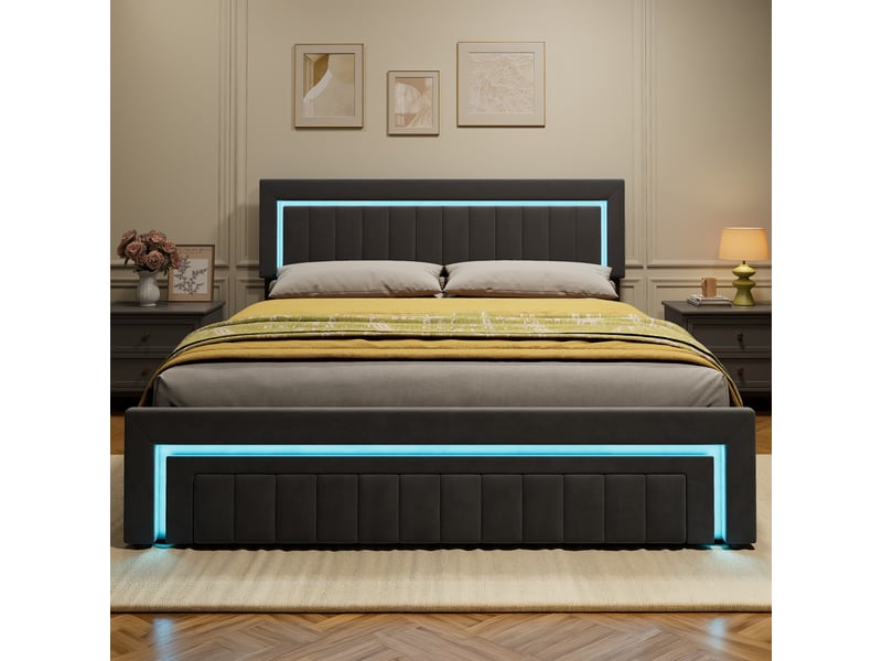  Lit double 180x200 cm avec tiroirs, led et tête de lit rembourrée gris foncé homvra  - Conforama C
