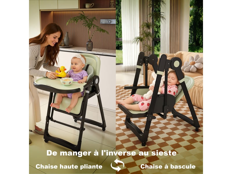  Chaise haute bébé - réglable en hauteur - pliable - sur roulettes - structure robuste - polypropylène - vert foncé - pour chambre d’enfant 59x76x96cm - Conforama R