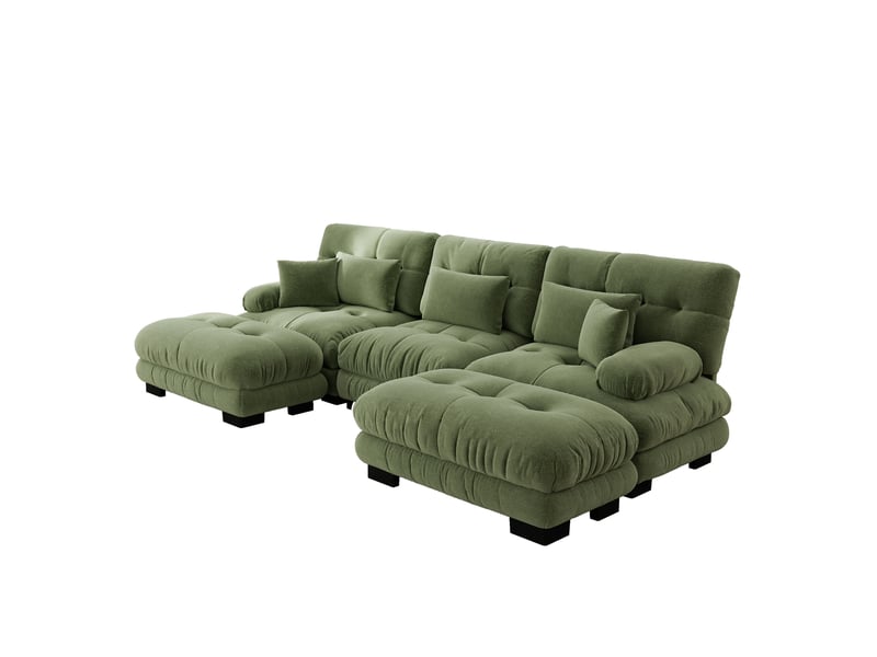  Canapé modulable en u 3 places avec 2 poufs mobiles, chenille vert, assise profonde  - Conforama A