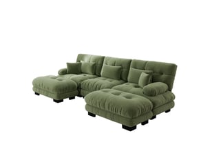 Canapé modulable en u 3 places avec 2 poufs mobiles, chenille vert, assise profonde