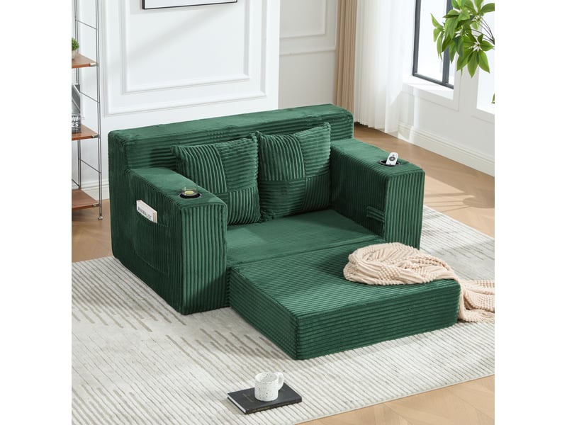  Canapé-lit 2 places modenvie convertible vert émeraude en velours côtelé avec coussins, porte-gobelet et poches latérales 151 x 133 x 64 cm  - Conforama B