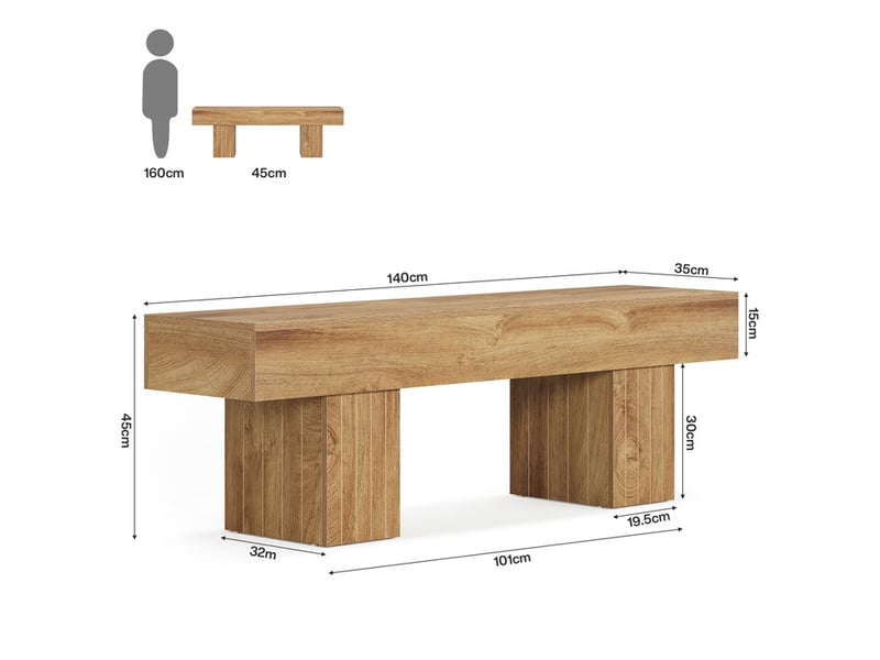  Banc de salle à manger de 55 pouces, banc d'entrée en bois style ferme avec pieds robustes, banc d'intérieur pour chambre, salle à manger, cuisine ou couloir, marron clair  - Conforama C