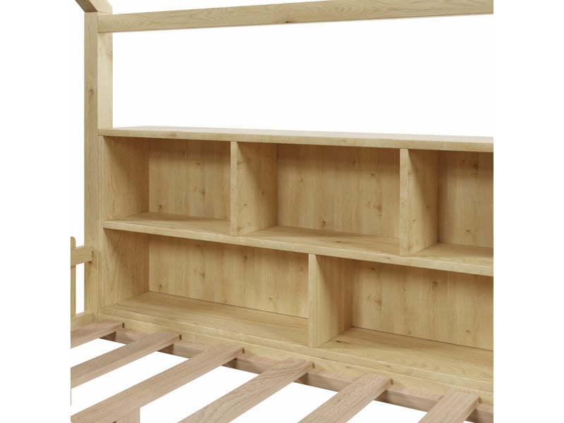  Lit cabane enfant 90x190 cm, avec barrière, étagères de rangement et led, style minimaliste, naturel  - Conforama E